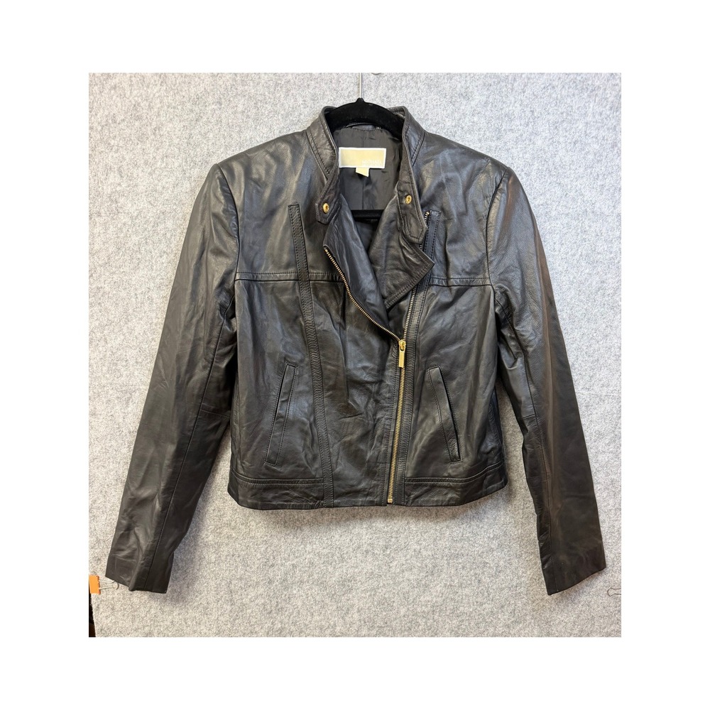 Michael Michael Kors Womens Black Lambskin Leather Moto Biker‎ Jacket Size M